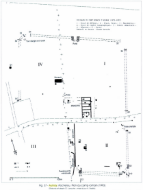 Plan des fouilles du camp romain de 1976 à 1982 - Relevés et dessin C. Laroche, maj A Badie 1993 - Extrait de la carte archéologique de la Gaule 17/1 - Louis Maurin