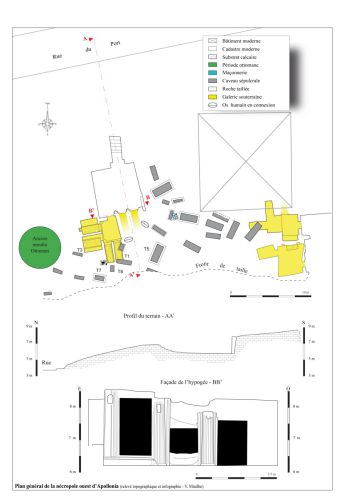 Plan général de la nécropole d‘Apollonia et façade de l‘hypogée dit de la "Vache" - Relevé topographique et infographie : Vincent Miailhe